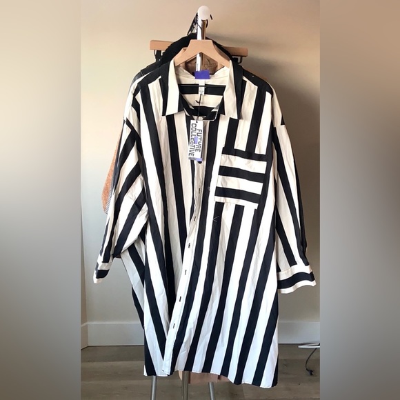 🔖 FUTURE COLLECTIVE Kahlana Barfield Brown Asymmetrical Long Sleeve Shirt Dress - Picture 10 of 17